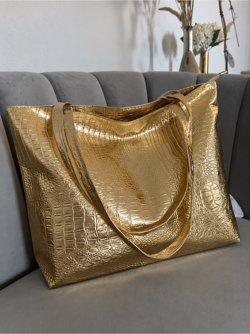 Gold Croc-Embossed Tote Bag